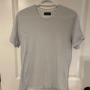 White t-shirt with navy blue polka-dots